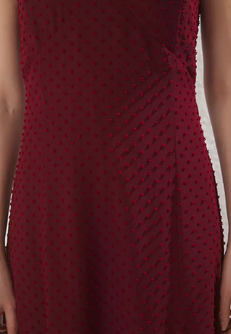 Dark Cherry Straight A Cut Fabric Featured Midi Woven Dress TWOSS25EL00558