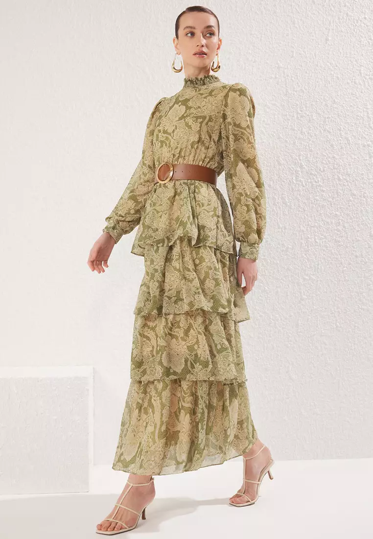 Green Stand Collar Patterned Belted Lined Chiffon Woven Dress Tctss25Eb00062