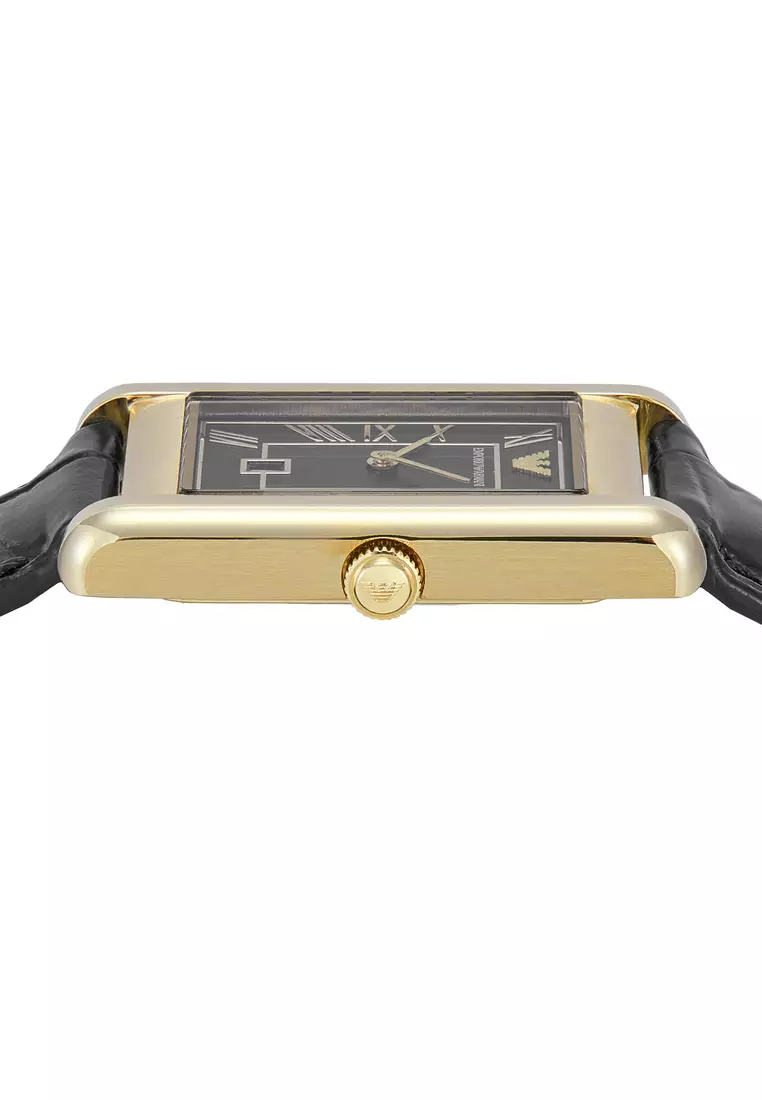 Emporio Armani Men's Analog Watch ( AR11666 ) - Quartz, Gold Case, Rectangular Dial, 16 MM Black Leather Band