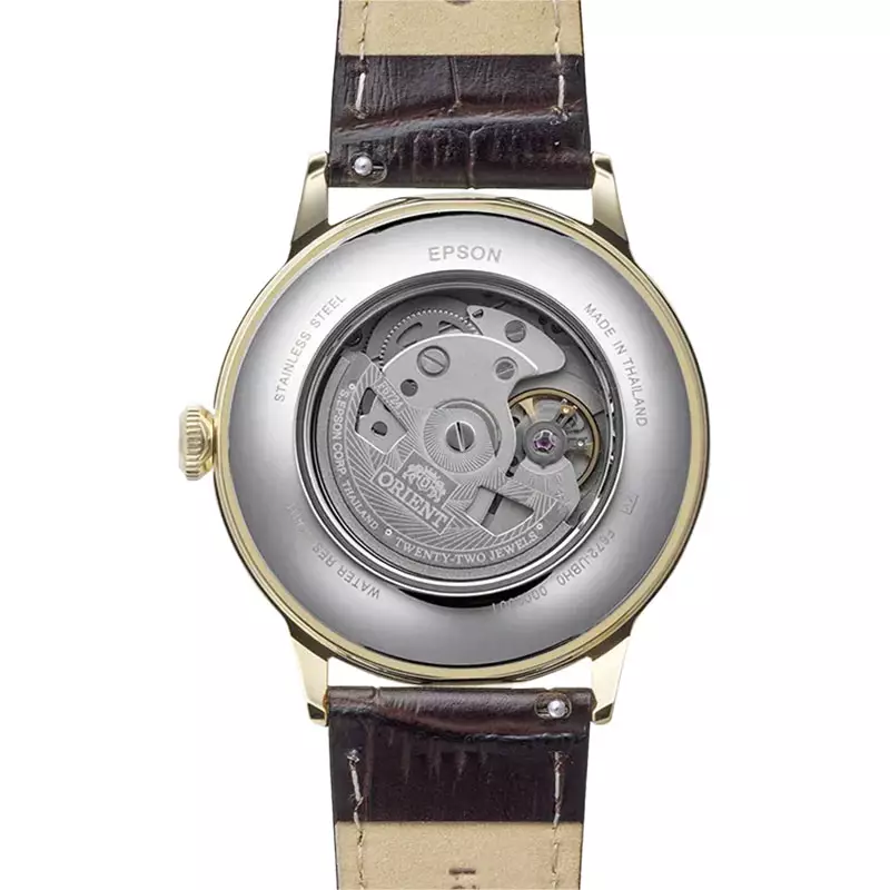 Jam Tangan Pria Orient Classic RA-AC0028S Bambino Automatic White Dial Brown Leather Strap