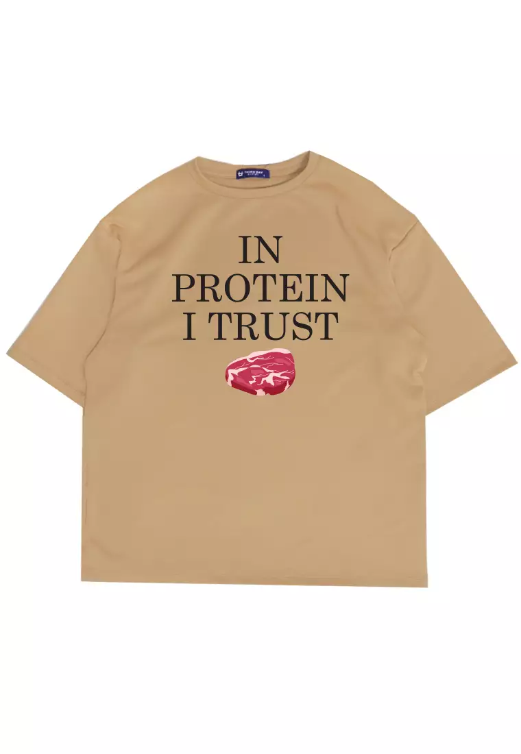 MTO95 kaos oversize gym t shirt bodybuilder bahan tebal scuba pria in protein i trust khaki