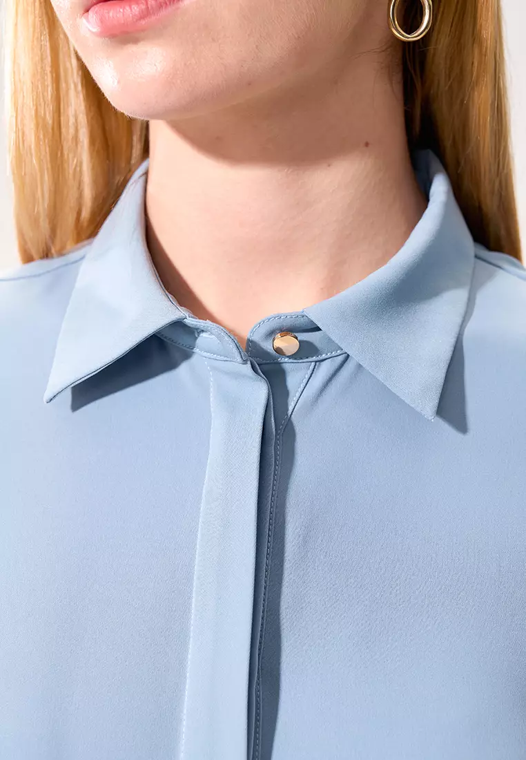 Sky Blue Pleated Cuffs Long Sleeve Top