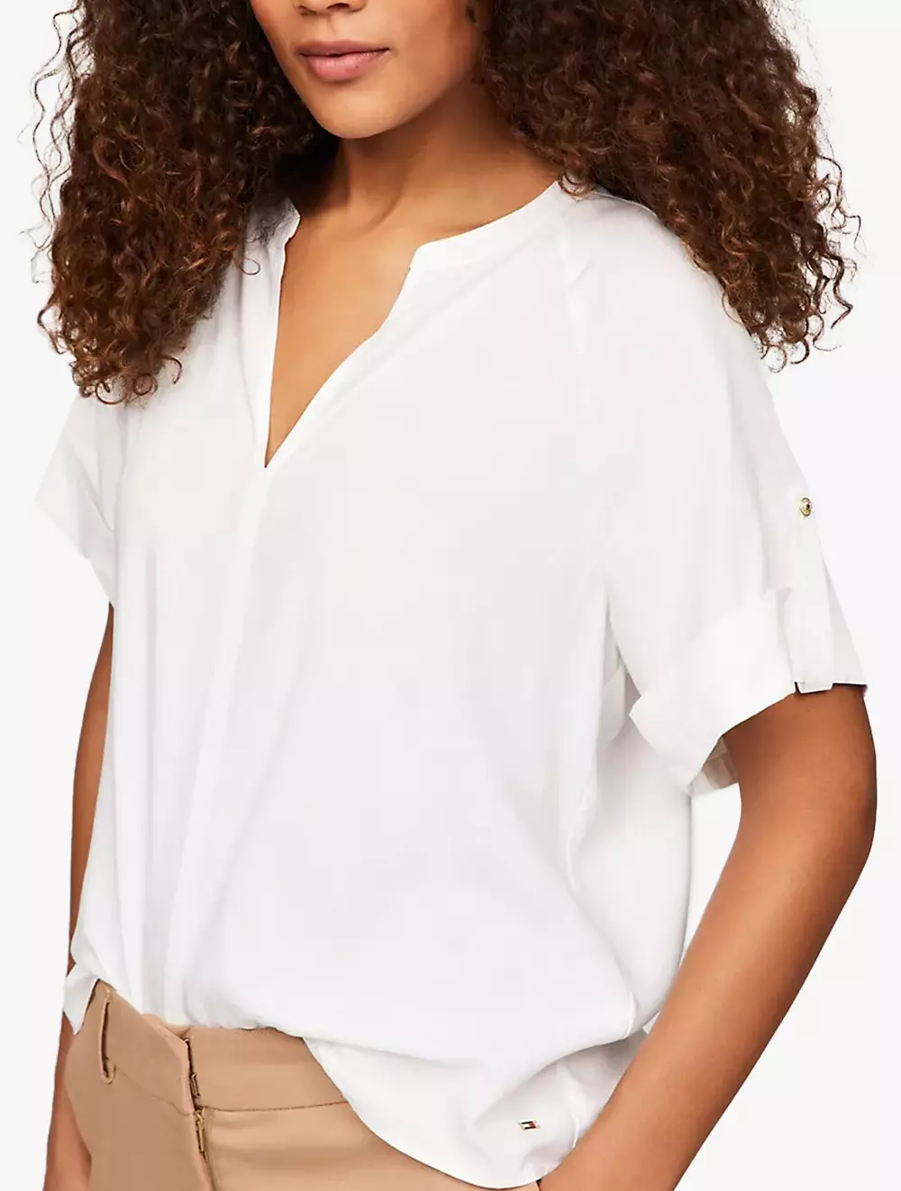 TOMMY HILFIGER - SOLID ROLL TAB SHORT-SLEEVE TOP - WHITE - WHITE