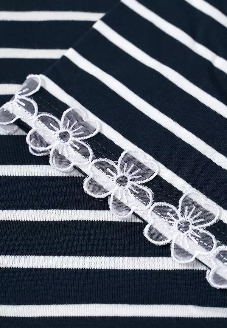 3Second Women's Stripe T-Shirt Short Sleeve Boxy Fit Lace Charlotte HP-C090126