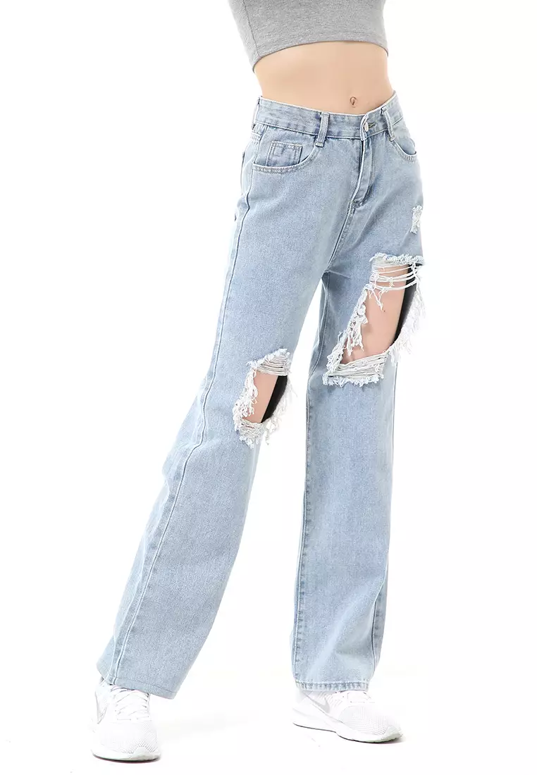 Stella Highwaist Baggy Ripped Jeans Wanita Long Pants Desain Sobek Material Denim ORIGINAL - Blue