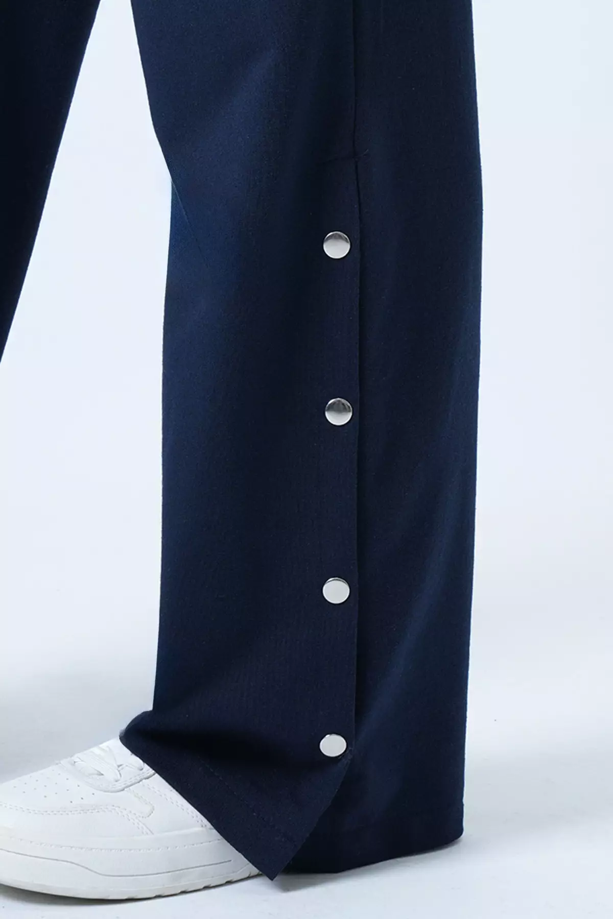 Navy Blue Hooded Sweatshirt With Side Slits And Wide-Legged Trousers Set Alc-X14607
