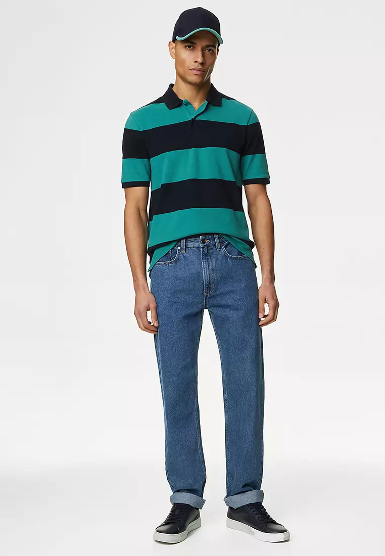Pure Cotton Striped Pique Polo Shirt