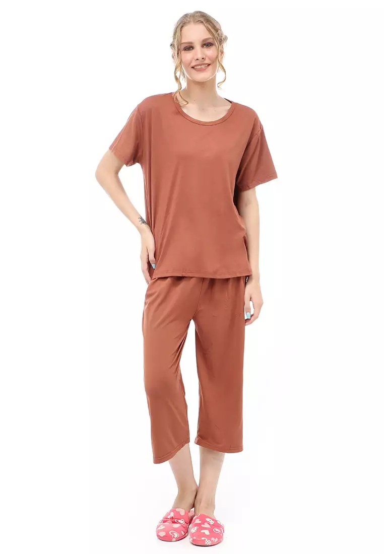 Vance Setelan Piyama Baju Tidur Wanita Celana Pendek 7/8 Material Spandex ORIGINAL - Brown