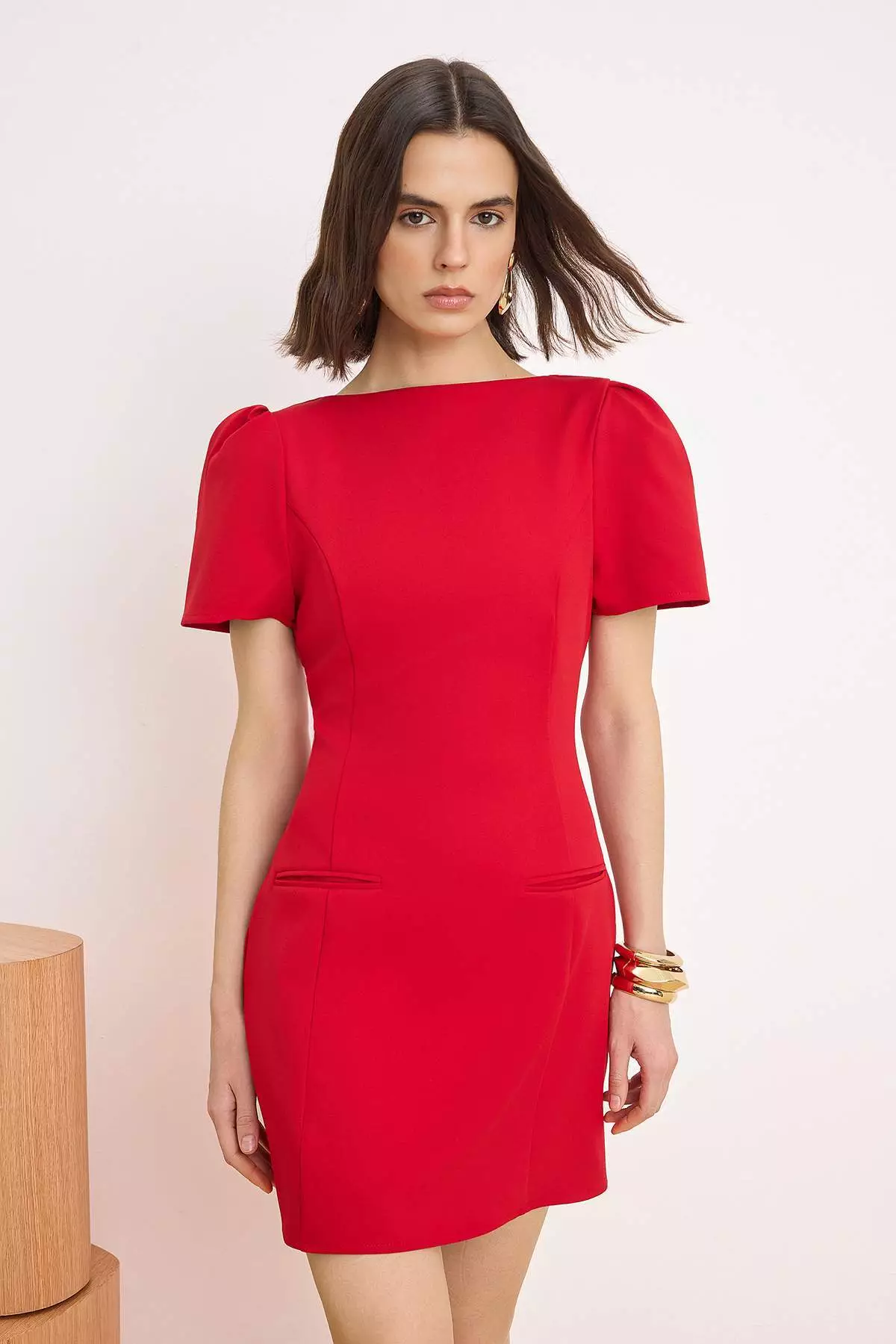 Red Fillet Pocket Detail Short / Mini Woven Dress Twoaw26El00373
