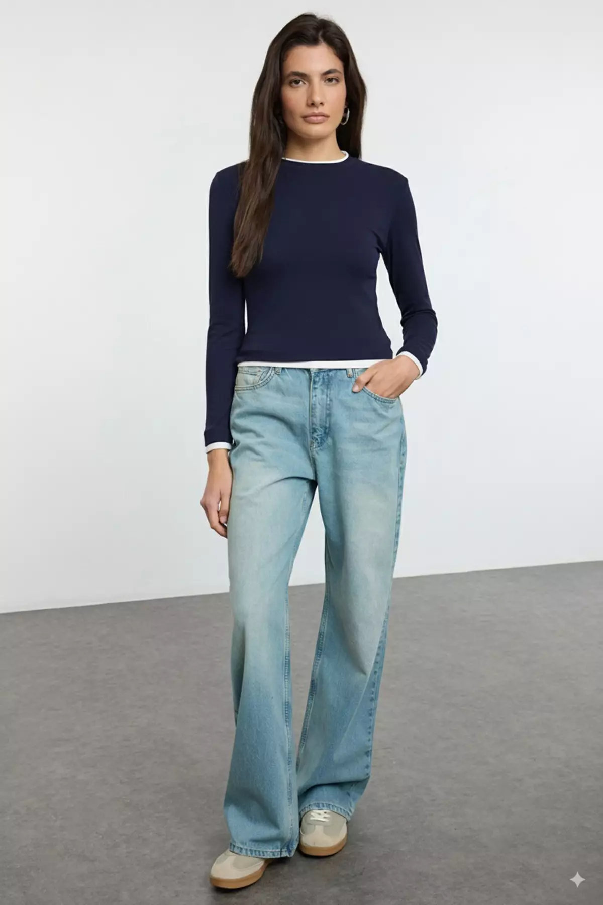 Navy Blue Color Block Fitted/Body-Smoothing Viscose/Soft Fabric Flexible Knitted Blouse Twoaw25Bz00114