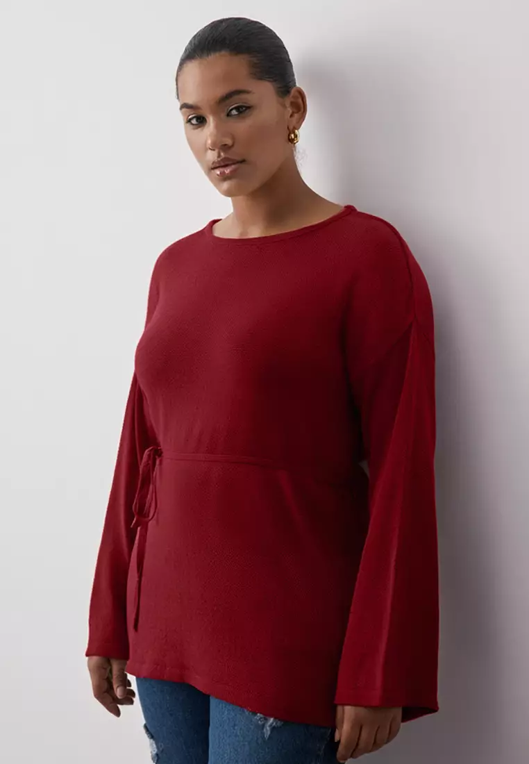 Burgundy Boat Neck Waist Belted Slim Knitwear Sweater Tbbaw26An00036