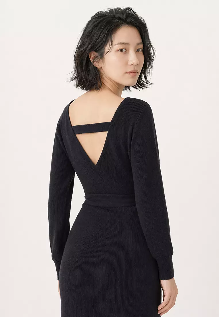 Women's Navy Blue Double Breasted Collar Bat Sleeve Waist Belted Camisole Dress