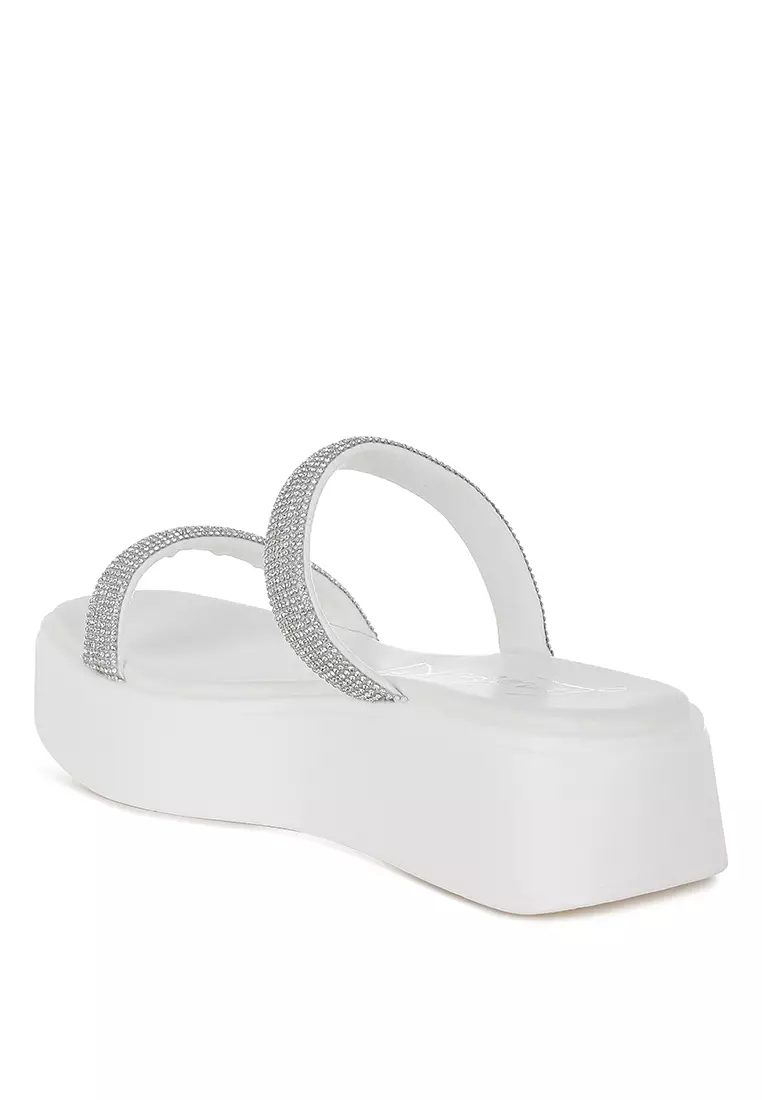 Sandal Platform Berhias Berlian Imitasi Tebal Warna Putih