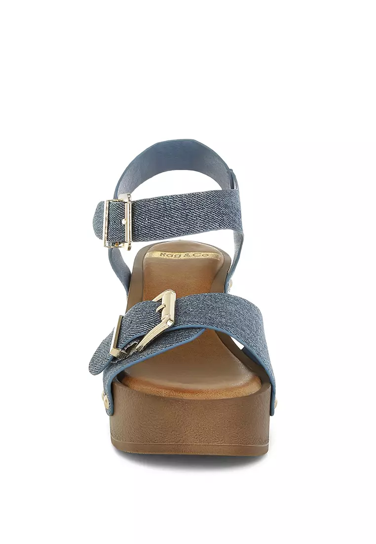 Studded Denim Clog Sandals In Denim