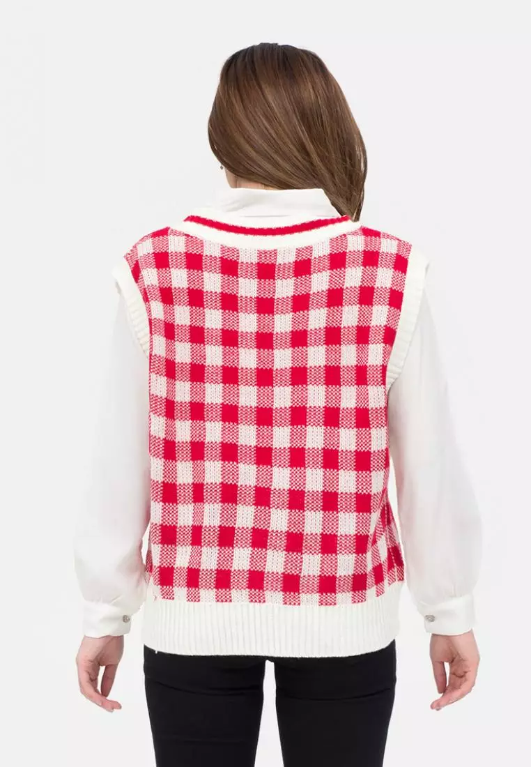 Big Checker Knit Vest in Red