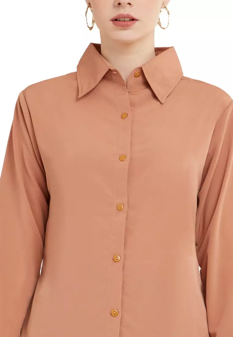 Kemeja Kerja Polos Plain Wanita Lengan Panjang Reguler Fit Premium Quality - Coklat