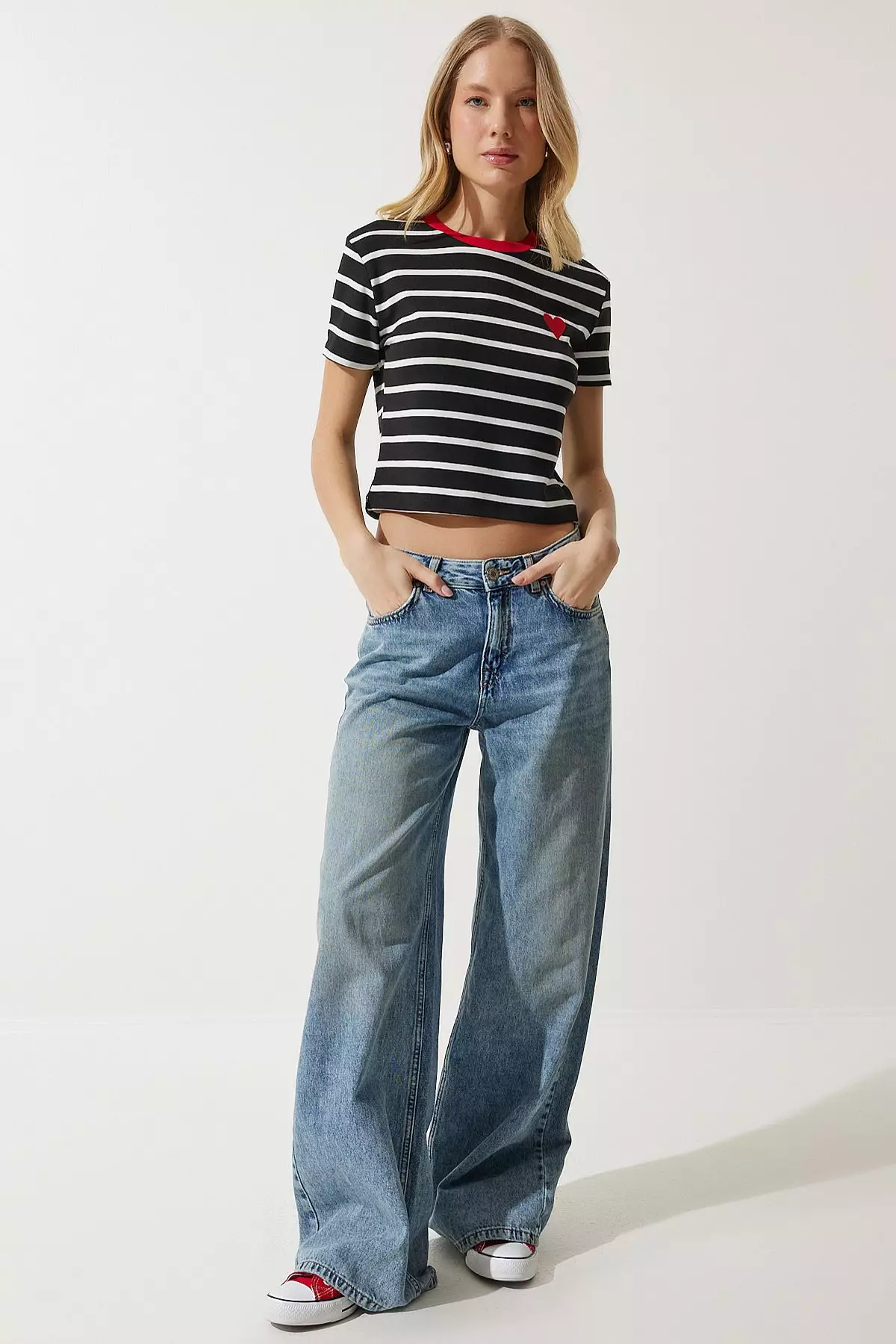 Heart Embroidered Striped Cotton Knitted T-Shirt