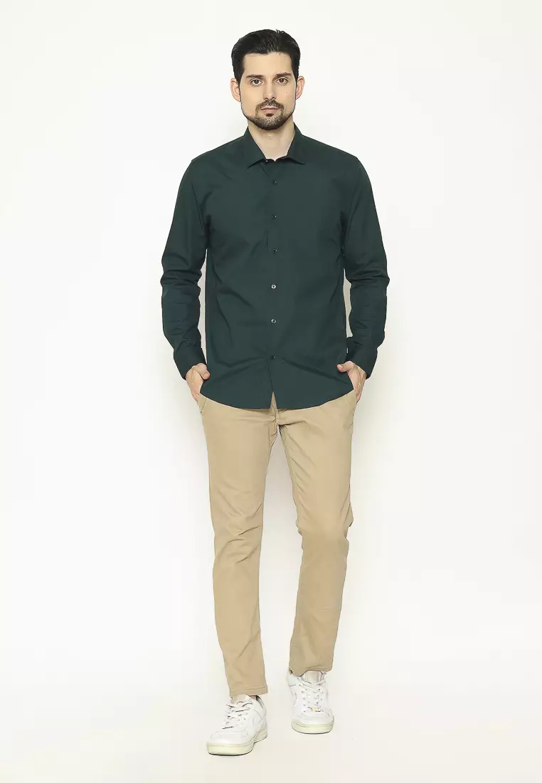 MAGINOT Kemeja Pria Basic Polos Panjang BOTTLE GREEN