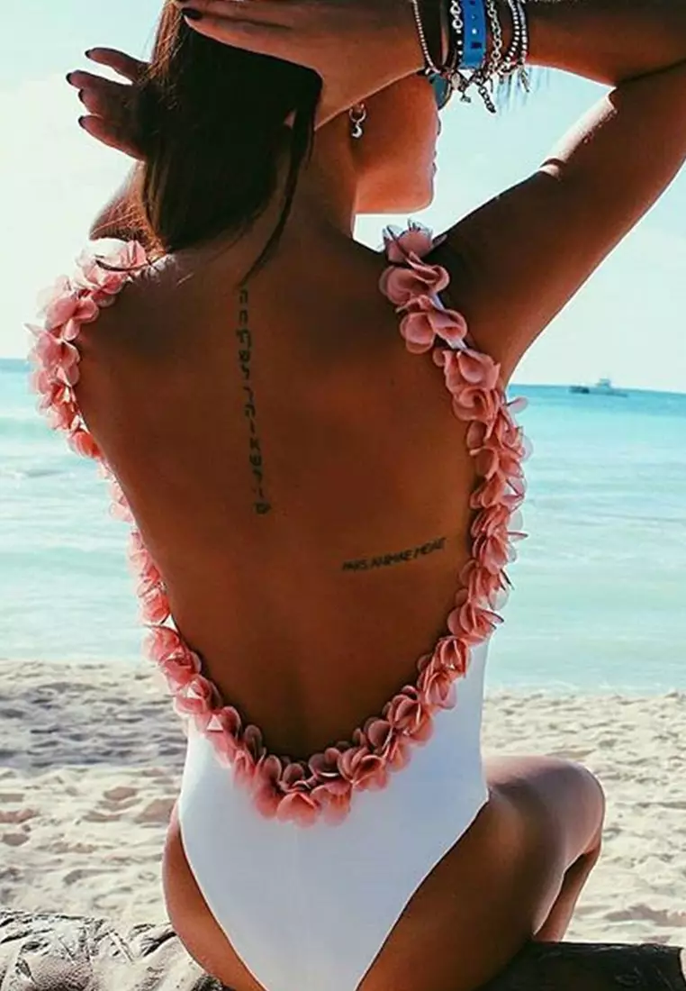 Sexy Backless Floral Collar Cover Belly Triangle One-Piece Swimsuit A22031711W