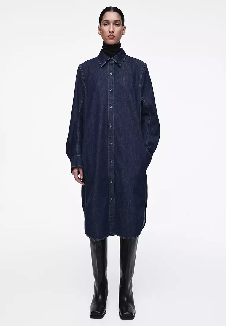 cos denim a line dress COS Women's Denim Utility Midi Shirt Dress in Dark Blue | Cotton