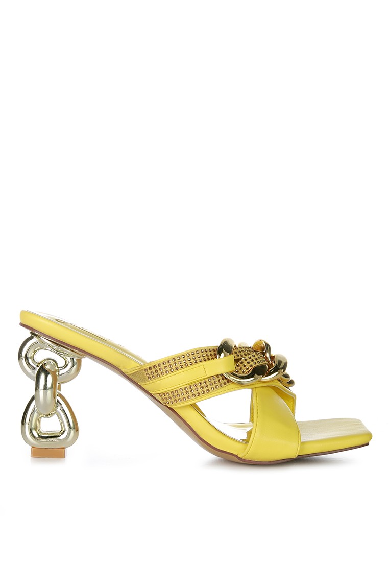 Yellow Metallic Chain Heeled Diamante Sandals
