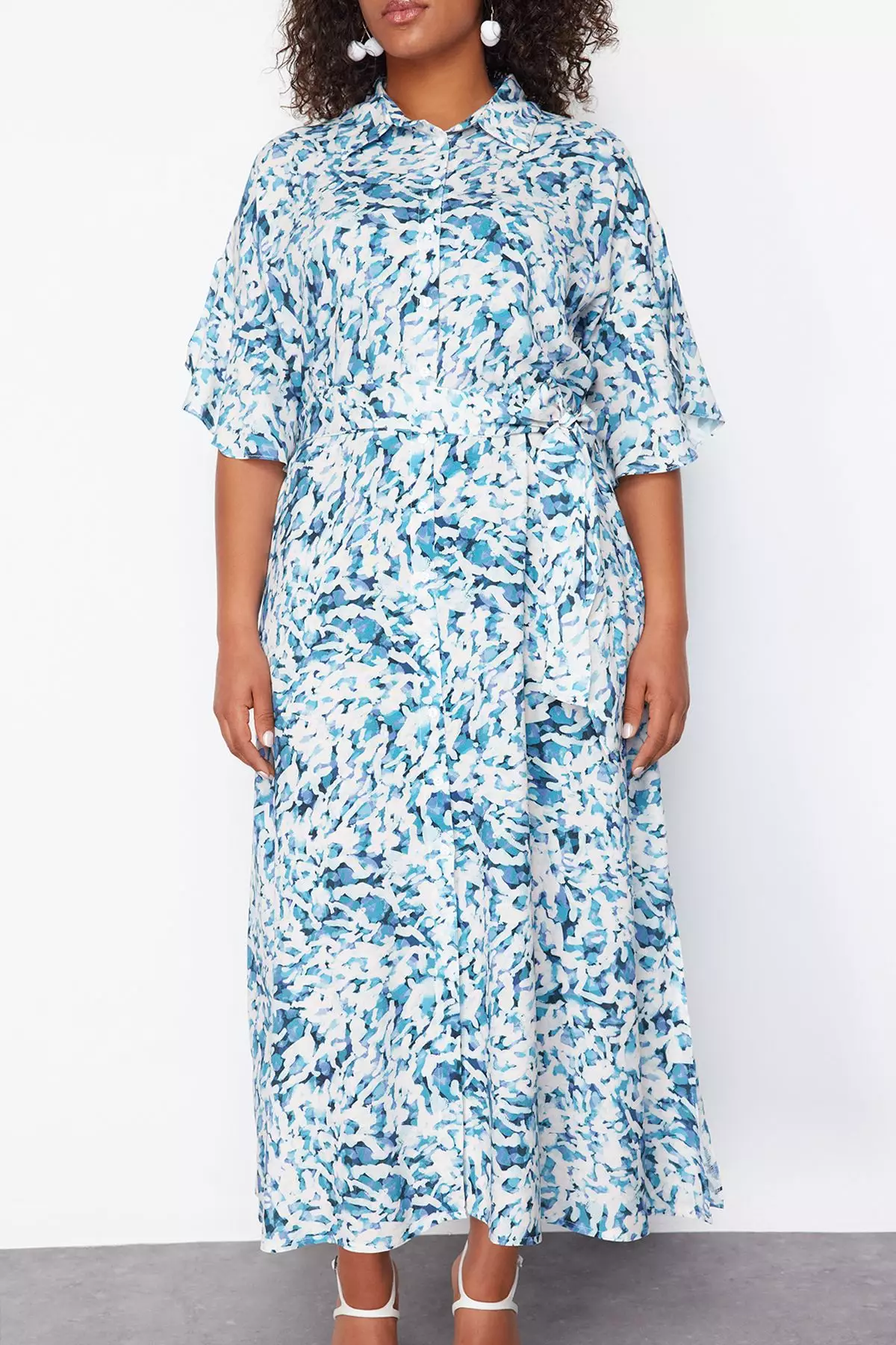 White-Blue Shally Woven Plus Size Dress