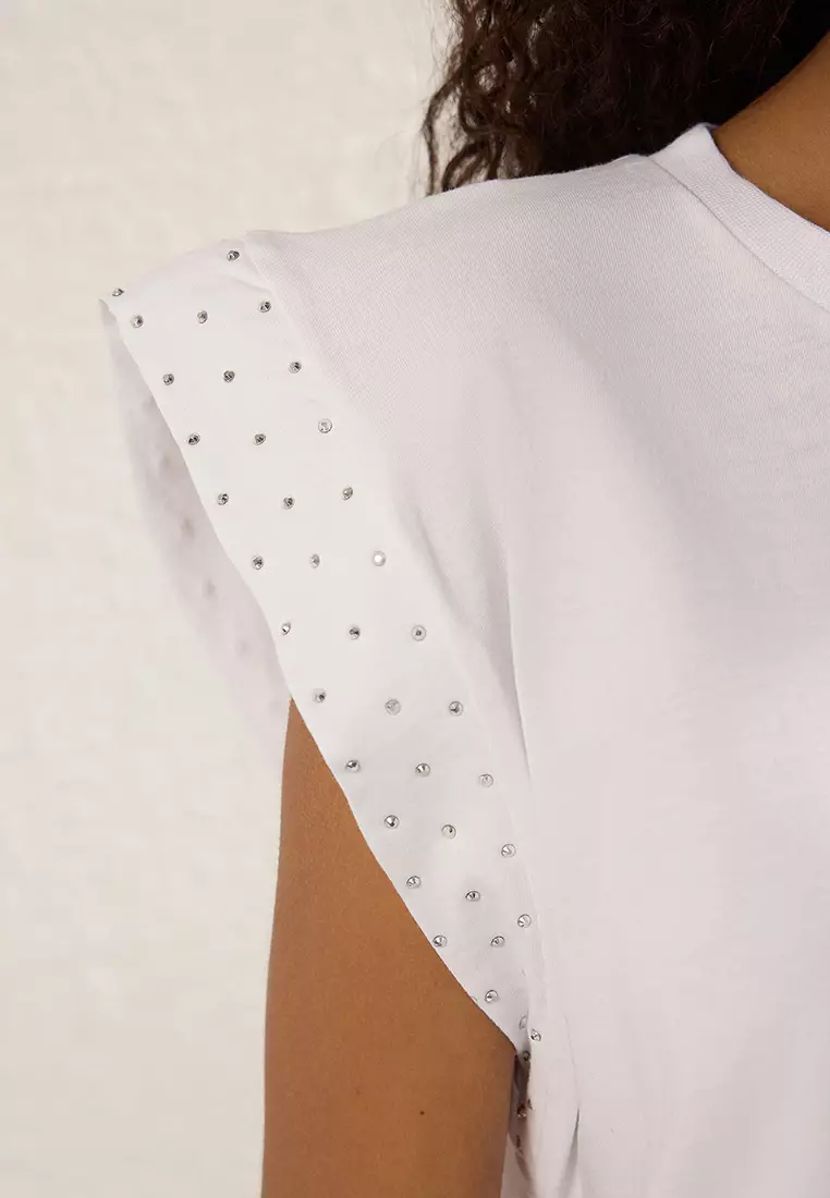 White 100% Cotton Stone Detailed Padded Look Relaxed Crew Neck Knitted T-Shirt TWOSS23TS00016