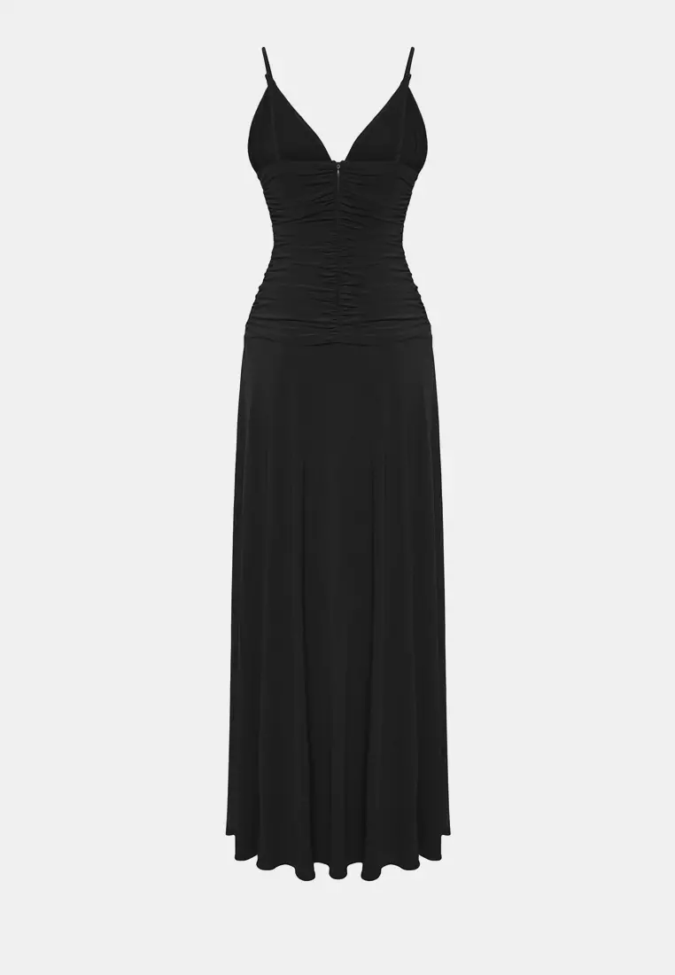 Black Rose Detailed Knitted Maxi Elegant Evening Night Graduation Dress