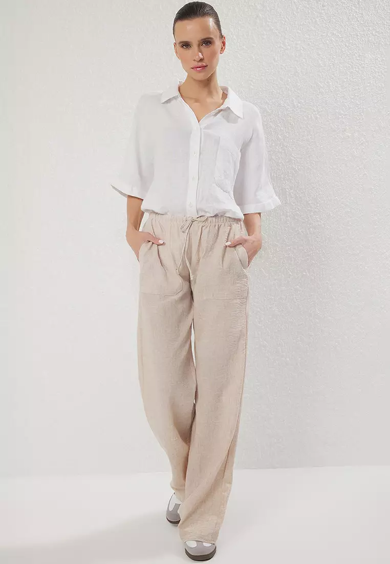 Stone Linen Look Binding Detail Wide Leg/Wide Leg Woven Trousers TWOSS25PL00109