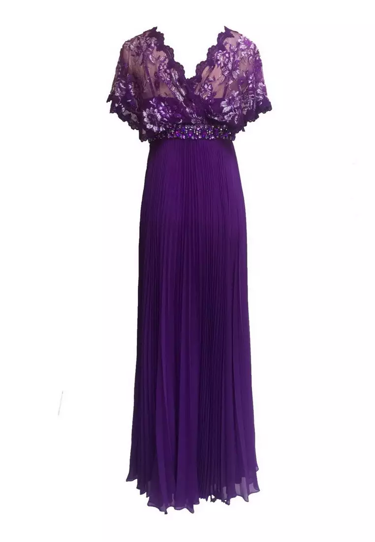 優雅蕾絲釘珠雪紡短袖晚禮服