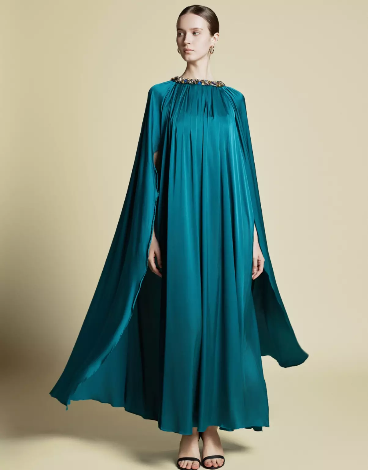 Demure Signature - Crystal Embellished Cape Kaftan in Italian silk Twill Emrald Green - Dress