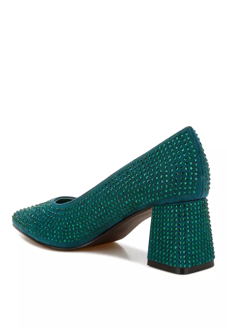 Rhinestones Embellished Pumps in Bottle Green