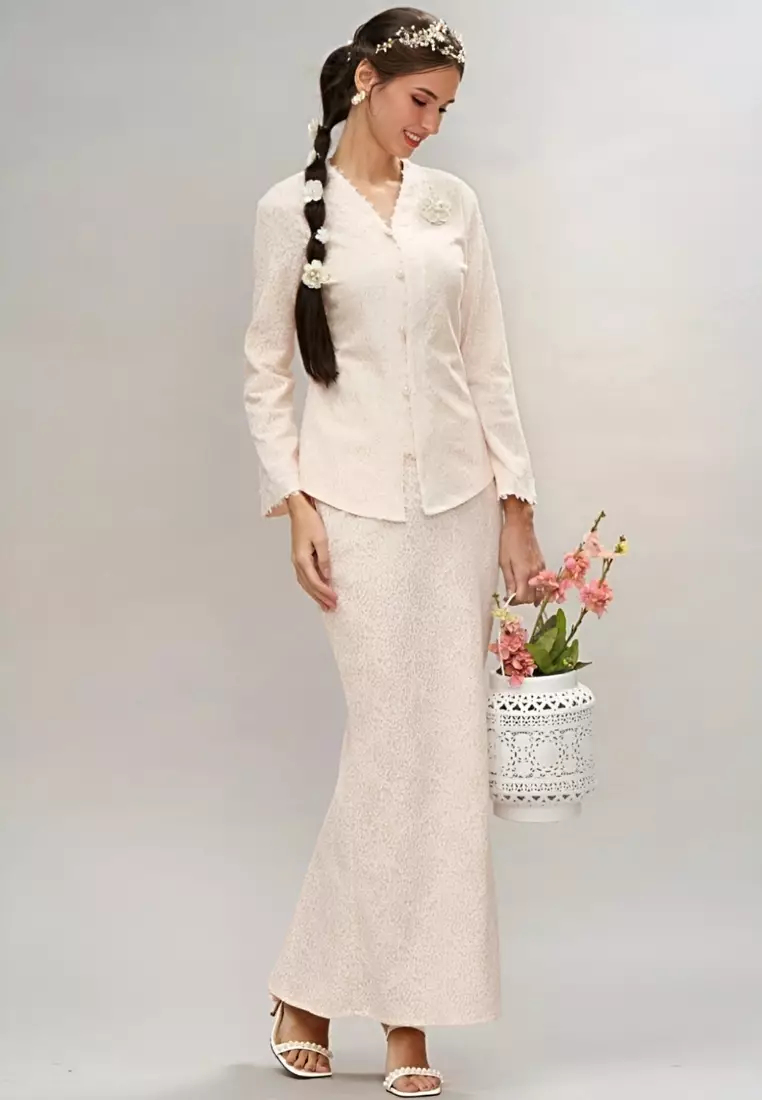 Pink 'V'neck Glitter Lace Top & Maxi Skirt Modern Kedah Kurung Hari Raya
