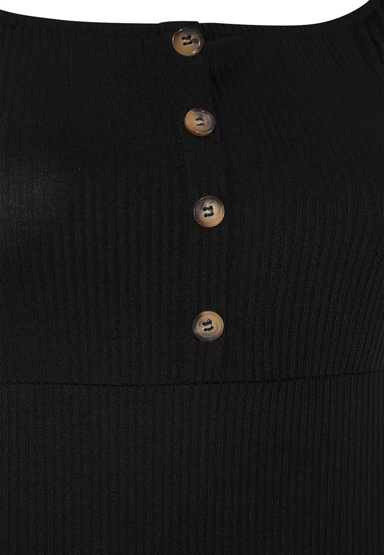 Black Button Detail A-Line Balloon Sleeve Knitting Plus Size Dress Tbbss25Ah00172