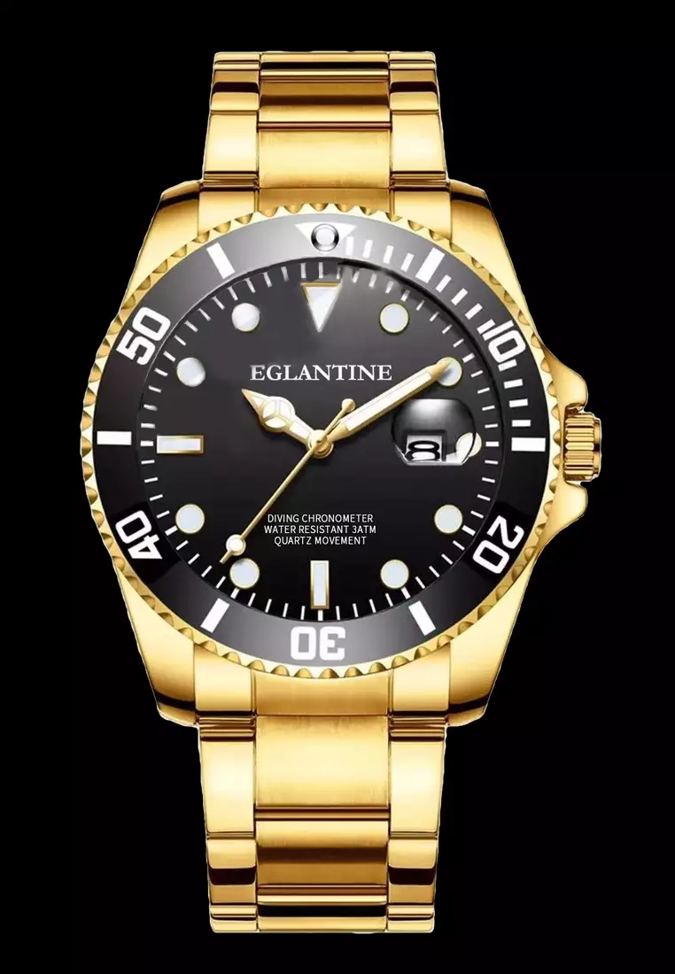 Diver's Watch, Gold color Steel Case and Bracelet, Black Dial and Turning Bezel, Quartz Movement