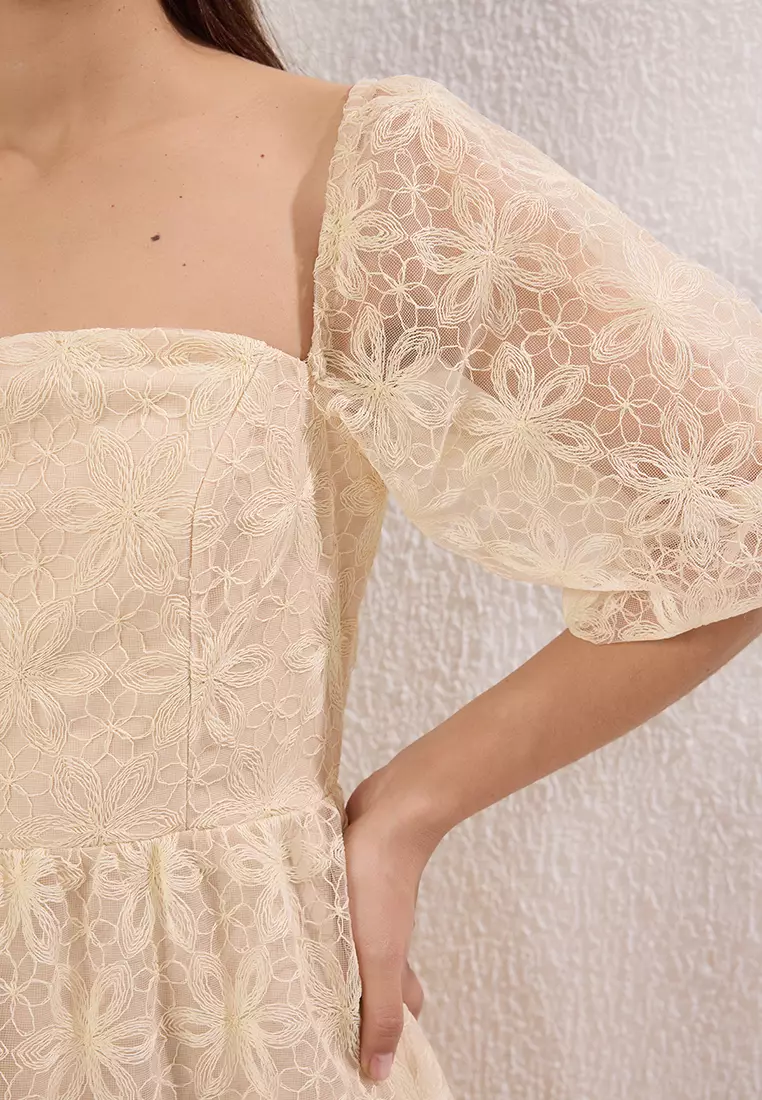 Salmon A-Line Floral Lined Long Evening Prom Dress TPRSS25AE00038