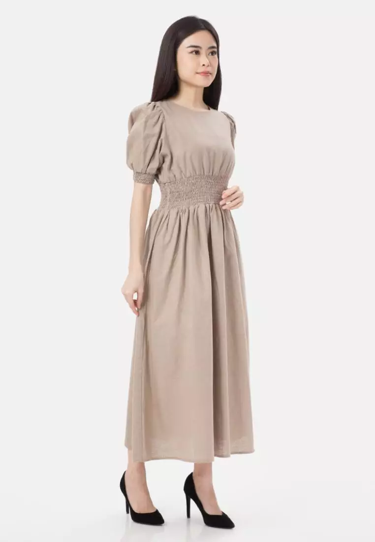 Dilla Long Dress Linen in Brown