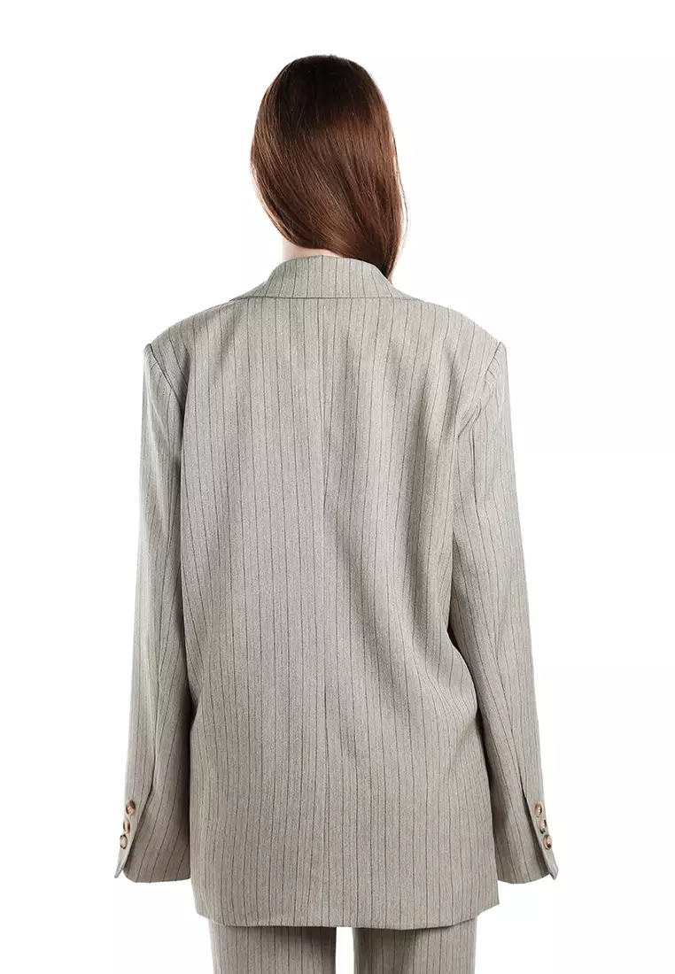 Blazer Besar Berstruktur Herringbone Warna Taupe