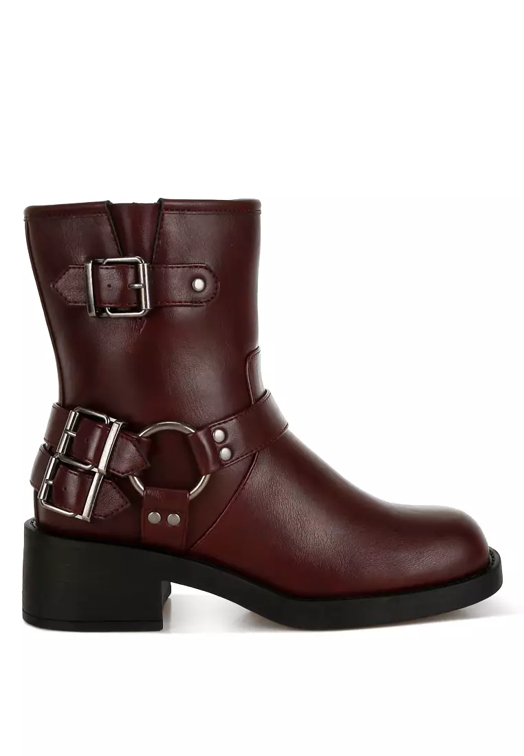 Harness Detail Biker Boots in Burgundy