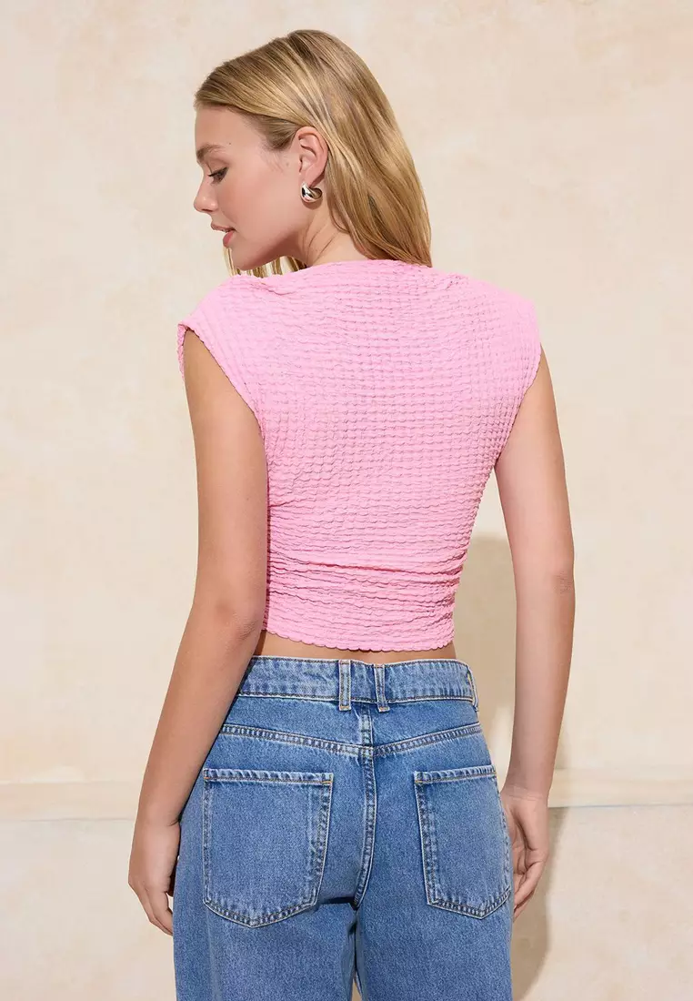 Textured Boat Neck Shirred Sleeveless Stretchy Knitted Top