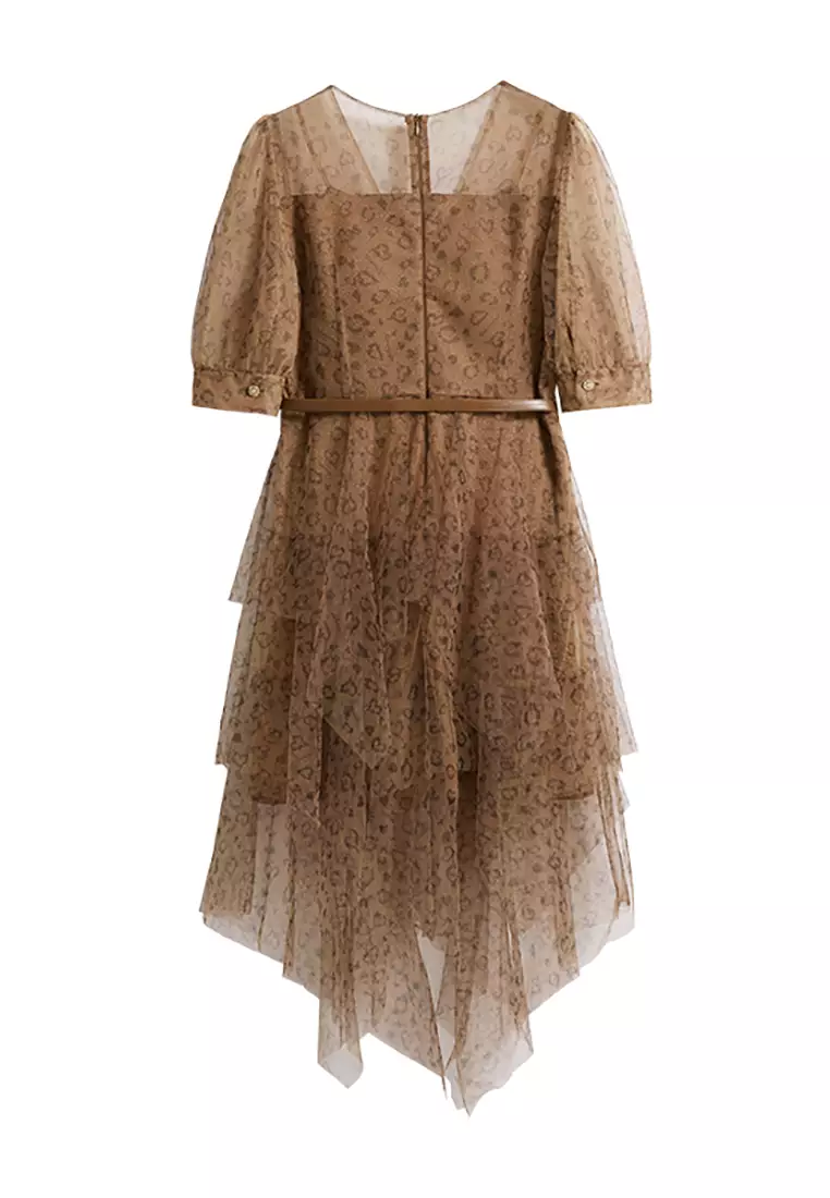 V-Neck Layered Flare Tulle Dress with Belt