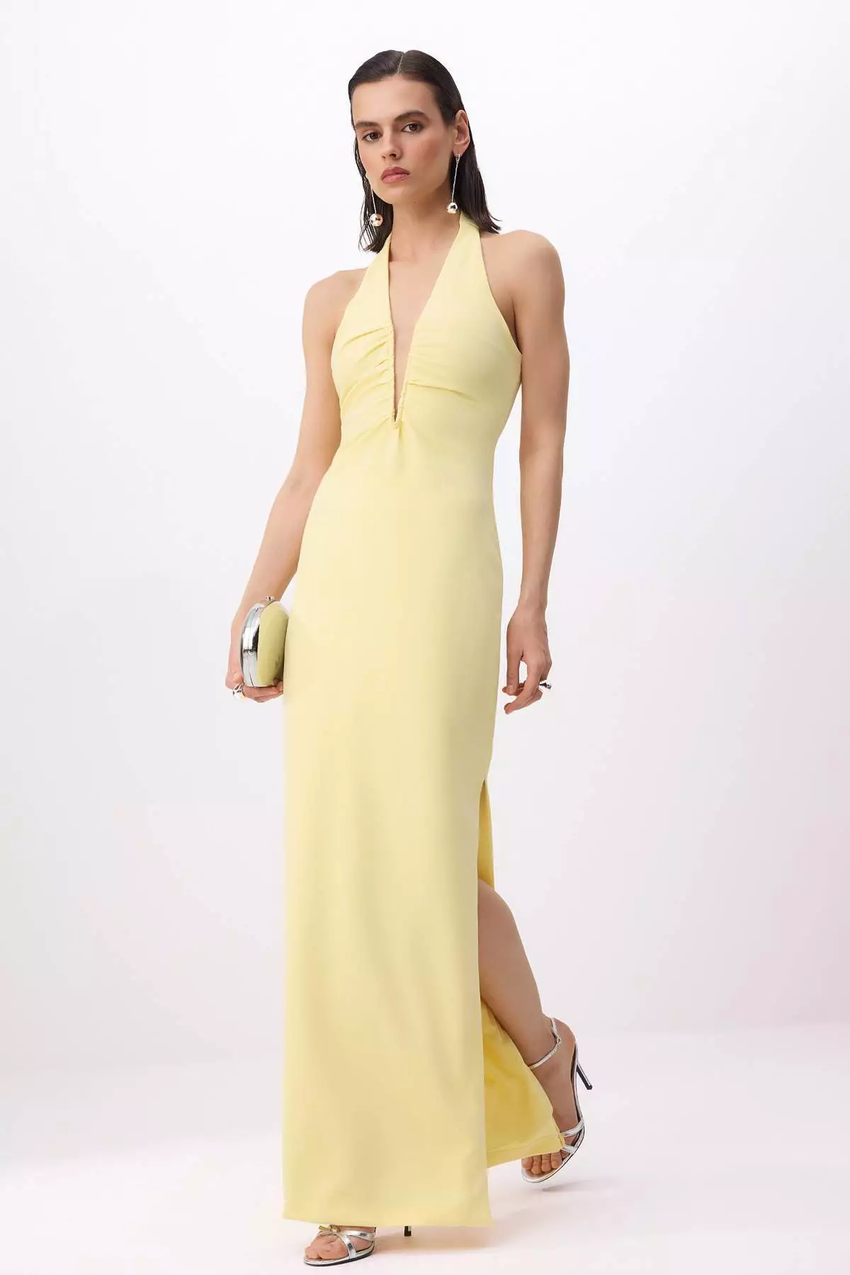 Yellow Deep V-Neck Woven Maxi Evening & Prom Dress Tprss26Ae77