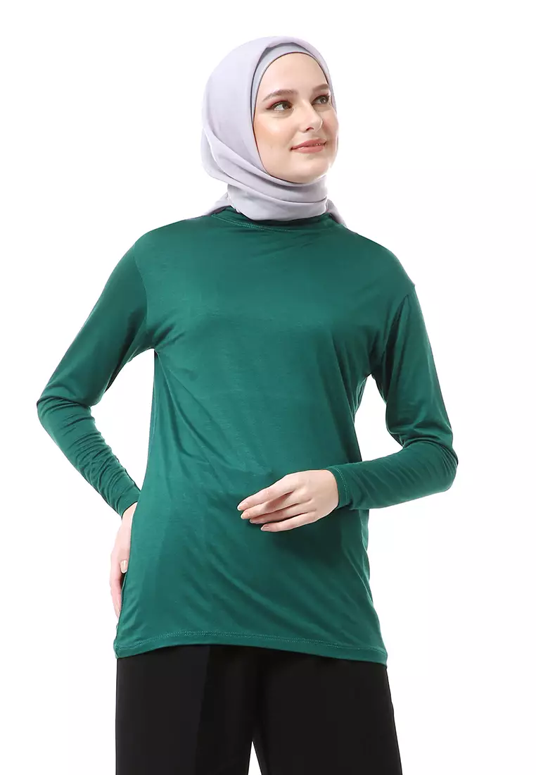 Zlora Manset Atasan Wanita Motif Polos Long Sleeve Reguler Fit - Hijau Botol