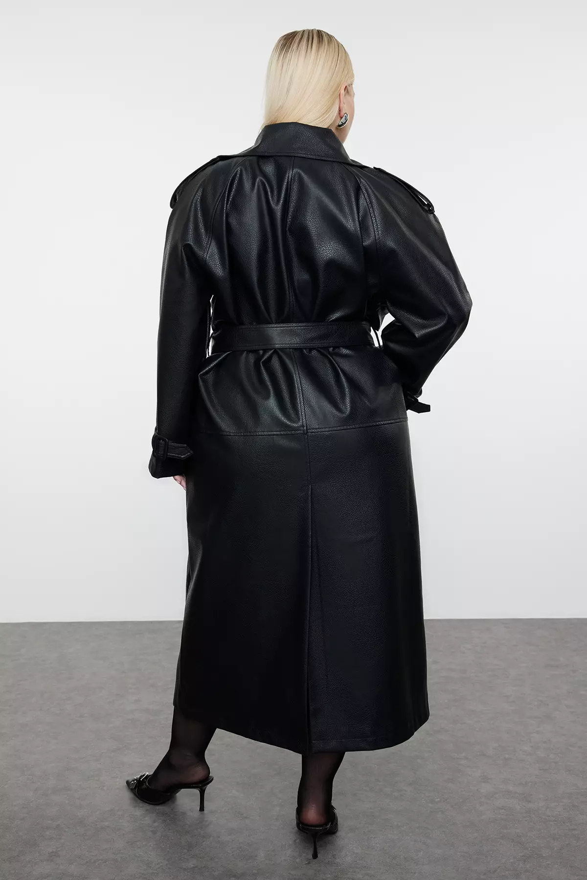 Regular Fit Midi Length Faux Leather Plus Size Trench Coat
