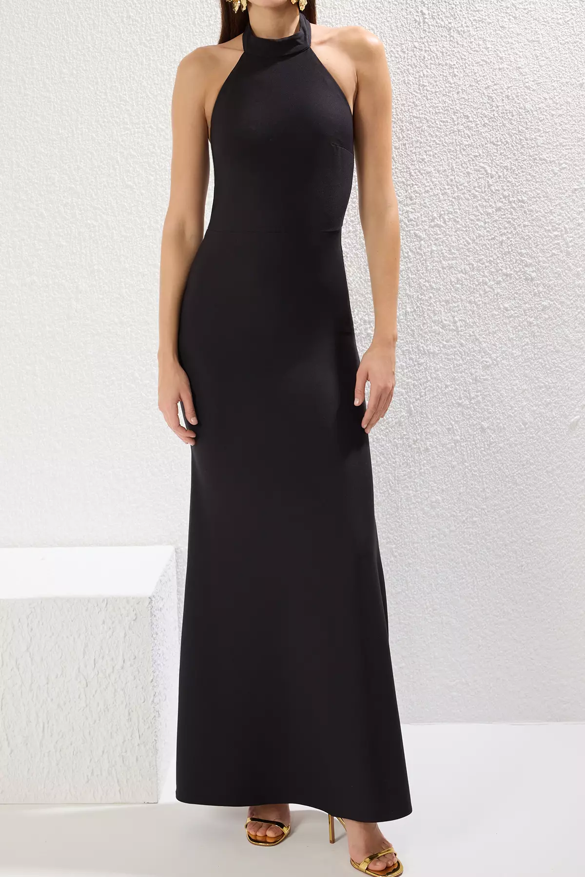 Black Fish Cut Woven Maxi Chic Evening Dress
