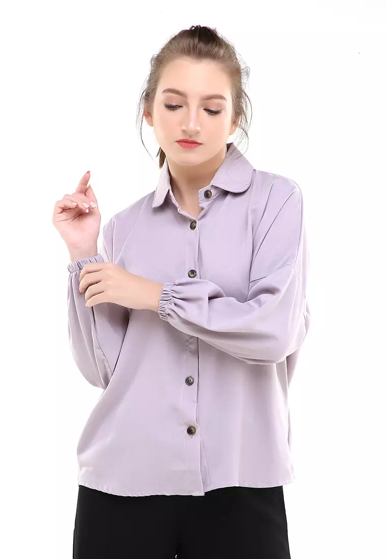 Narya Blouse Lengan Panjang Rubber Sleeves Atasan Wanita Regular Fit - Grey