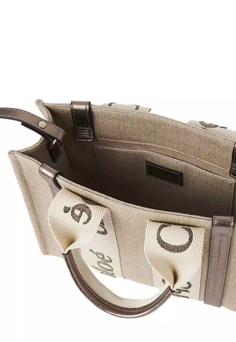 Small Woody Tote Bag In Linen And Leather Shiny Gray CHC25SS397O81074