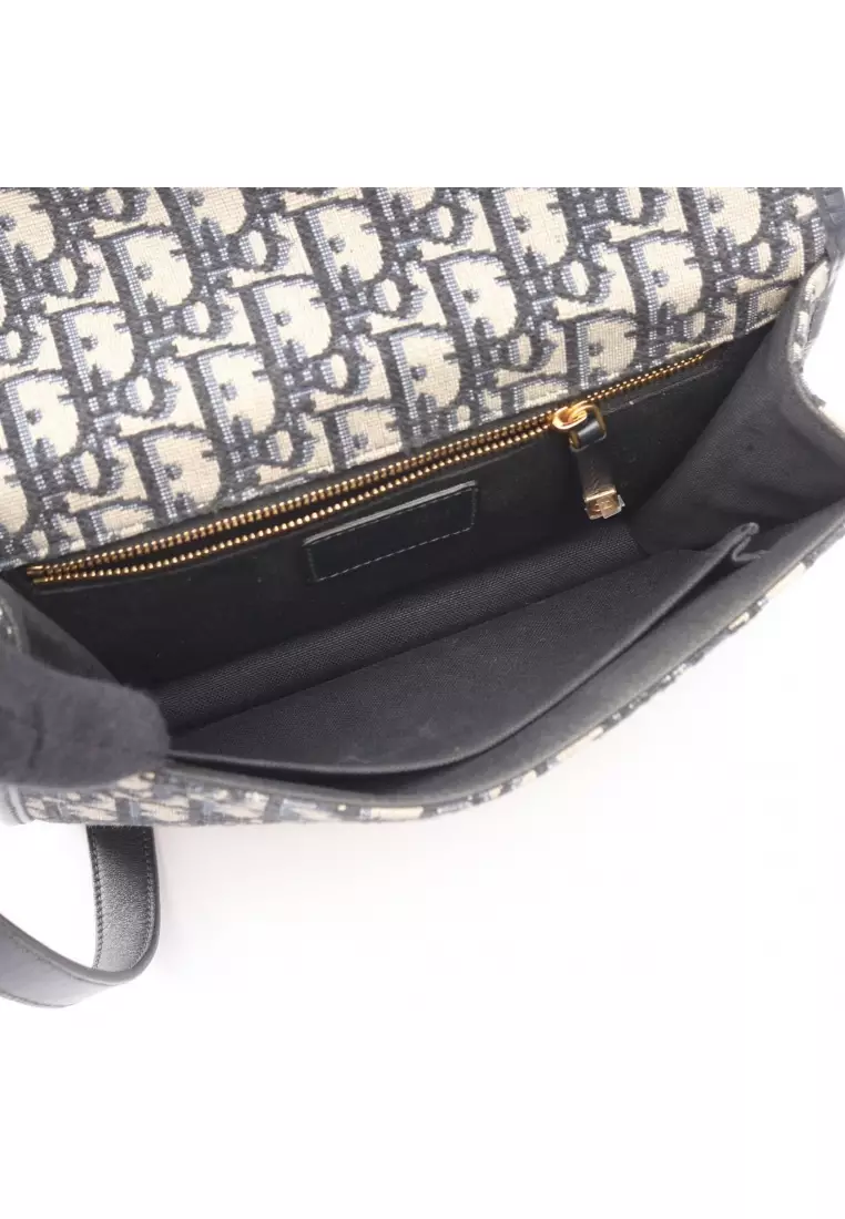 Pre-Loved Christian Dior 30 MONTAIGNE Montaigne oblique jacquard chain shoulder bag canvas leather light beige Navy black