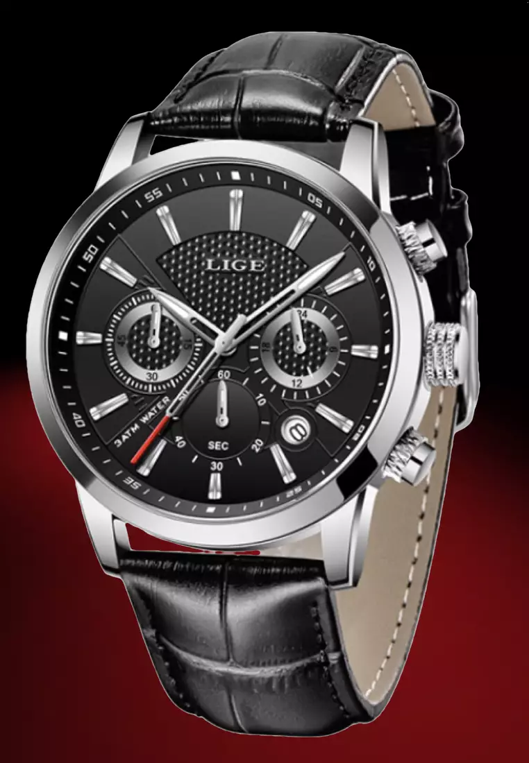 Unisex Stainless Steel Chronograph Quartz Watch 43mm, black dial, on Black Leather Strap