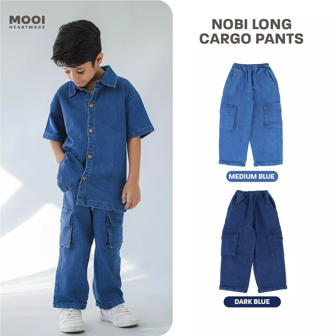 Mooi Celana Jeans Anak Kids Denim Nobi Long Cargo Pants - Medium Blue